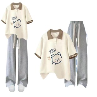 Girls High-class Suit 2024 Internet Celebrity Fried Street New Summer Dress Loose Polo Collar T-shirt Wide Leg Pants Two-piece Set