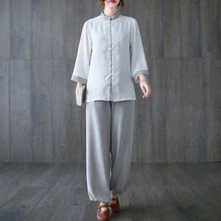 Chinese Style Spring and Summer Tai Chi Suit Men's and Women's Cotton and Linen Wushu Performance Practice Suit Middle Sleeve Tang Suit Meditation Tea Suit