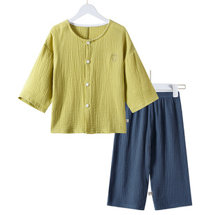 Cotton Cotton Yarn Home Wear Sleeve Class Seven suit Single Row 2024 Button Children's Summer Air Conditioning A Pajamas Parent-Child