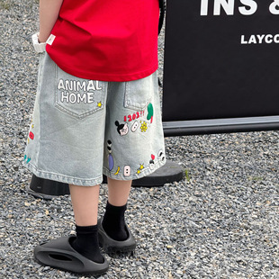Tairu 2025 Summer New Arrival Korean Style Boys' Fashionable All-Match Graffiti Cartoon Jeans Trendy Children's Shorts