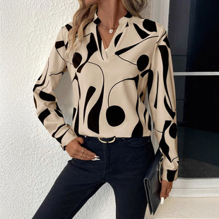 2024 European and American Cross-border Spring and Autumn Casual Long-sleeved Geometric Printed V-neck Shirt