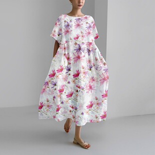 Amazon independent station cross-border foreign trade watercolor graffiti printing 2025 spring and summer new short sleeve dress C886