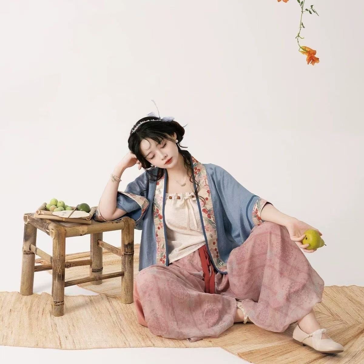 Jingxuoge Small Song-Style Short Shirt with Suspenders, Printed Lantern Pants, Daily Chinese Style, Spring and Summer New Model