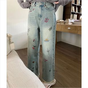 2025 New chubby girl Korean Style Distinctive Embroidered Straight Jeans Women's Retro High Waist Ram Cigarette Pants