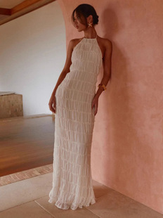 2025 European and American Spring and Summer Hot Women's Sexy Fashion Neck Strap Pleated Lace Vacation Style Dress