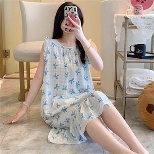 Nightdress Women's Summer Sleeveless Cotton Silk Pajamas plus size Thin Loose Short-sleeved Artificial Cotton Silk Home Clothes Sweet