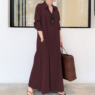 2024 new European and American style solid color lapel long sleeve pocket simple loose casual long shirt dress