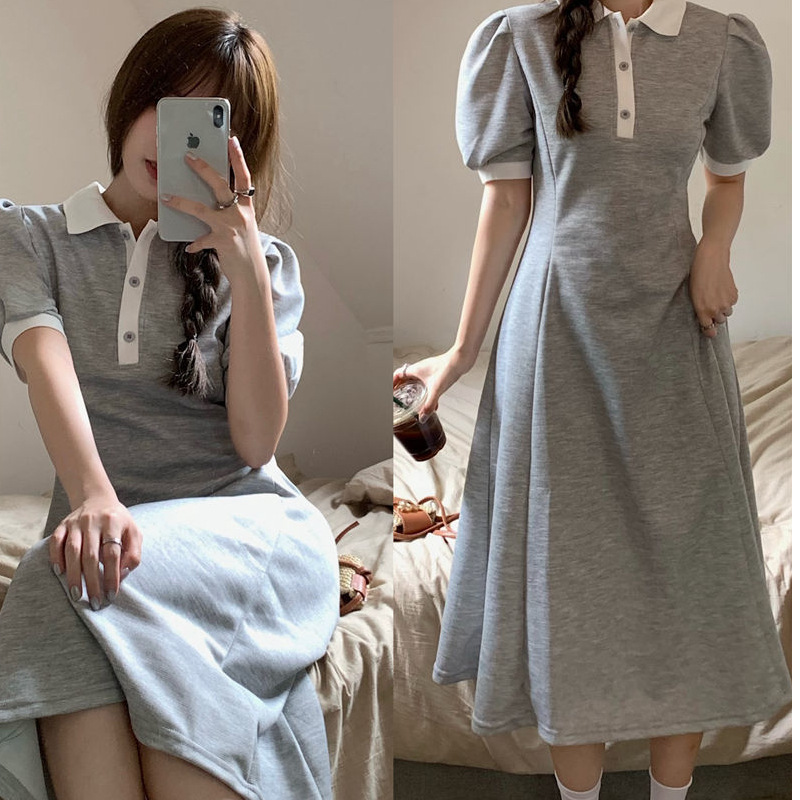 POLO 칼라 반팔 원피스 여성 여름 새로운 타이트 허리 슬리밍 퍼프 슬리브 대학 스타일 중간 길이의 스커트 인