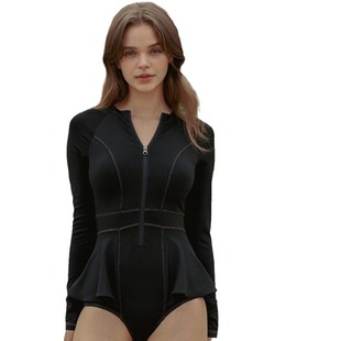2024 New Swimwear Women's Zipper Sports Conjoined Triangle Conservative Slim Belly Covering Hot Spring Long Sleeve Swimming Wholesale