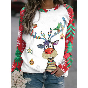2024 new AliExpress Amazon spring 3D digital Christmas printing ladies crew neck thin sweater long sleeve casual