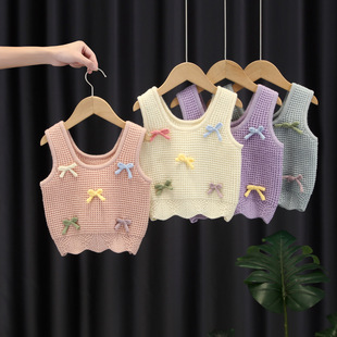 Girls' knitted vest spring and autumn outerwear 2024 new autumn baby girls' colorful bow sweater vest Spring