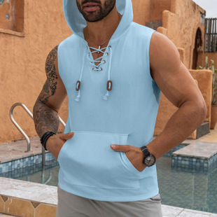 Foreign Trade Cross-border Summer New European and American Youth Men's Casual Jacquard Knitted Hooded T-shirt Sleeveless Vest