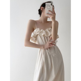 French Style Shoulder Open-Shoulder Dress with Slip Retro Seaside Light Luxury dress Women's Summer Design Sense A- line Meat Covering Long Dress