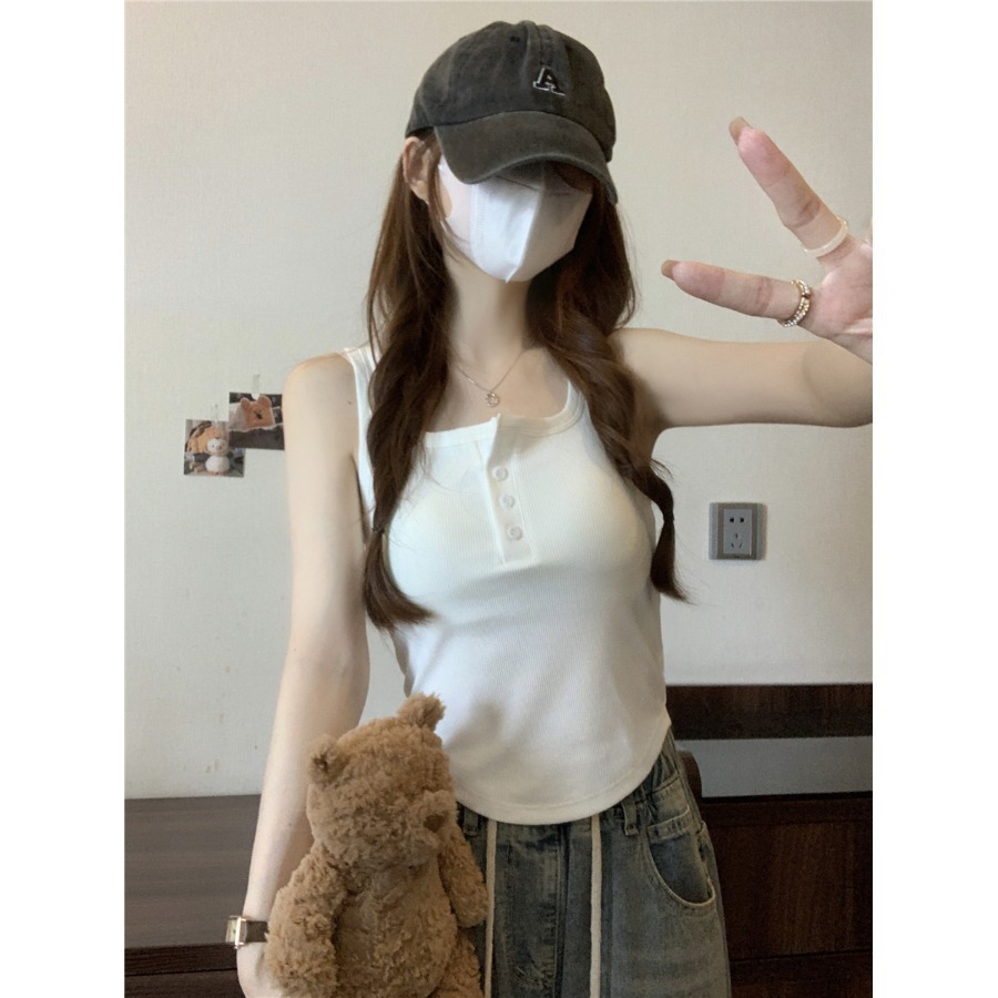 순수하고 섹시한 스타일의 사각 넥라인 버튼 조끼, 가슴 패드가 있는 핫걸 스타일의 뷰티백 속옷, 올인원 슬림핏 가슴 커버 탑