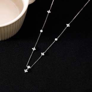 S925 Sterling Silver Four-leaf Clover Zircon Necklace Female Niche Design Clavicle Chain Summer New Style Stacked All-match Necklace Chain Trendy