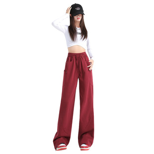 Ancora Red Sports Wide Leg Pants Women's Autumn and Winter New High Waist Straight Pants for Small Men with Large Dopping Pocket Pants