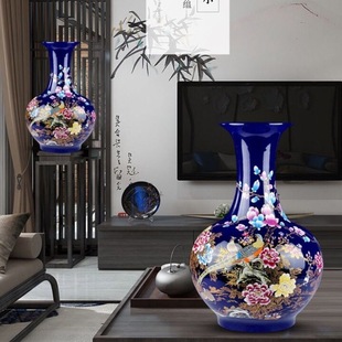 Sapphire blue glaze appreciation bottle brocade embroidery future pastel gold painting Vase Jingdezhen official kiln living room decoration decorations