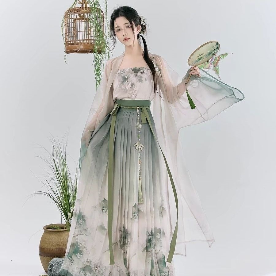 New Chinese-Style Improved Hanfu Summer Traditional Costume Authentic Cyan-Colored Hanfu New Model Dress Three-Piece Set Mint Mambo