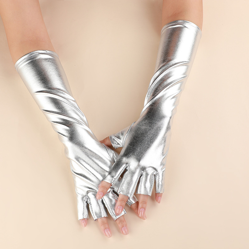 Silver Lacquer Layered Mid-Length Punk Half-Fingered Patent Leather Gloves Comic Show Cos Two-Dimensional Gloves Cool