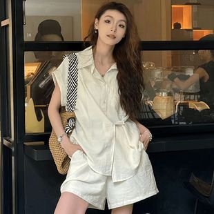 Fashion Age-reducing Irregular Shirt suit Women's Summer 2025 New Thin Small Wide-leg Shorts Two-piece Set