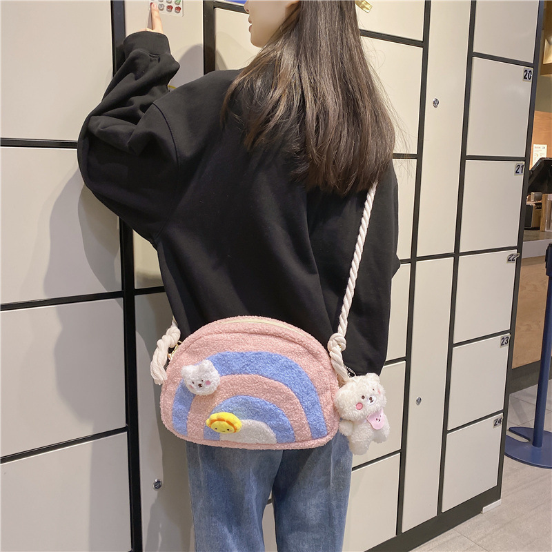 2024 Autumn/Winter New Style Shoulder/Crossbody Plush Women's Bag, Rainbow Cute INS Style Fresh Candy Girl Gift Bag
