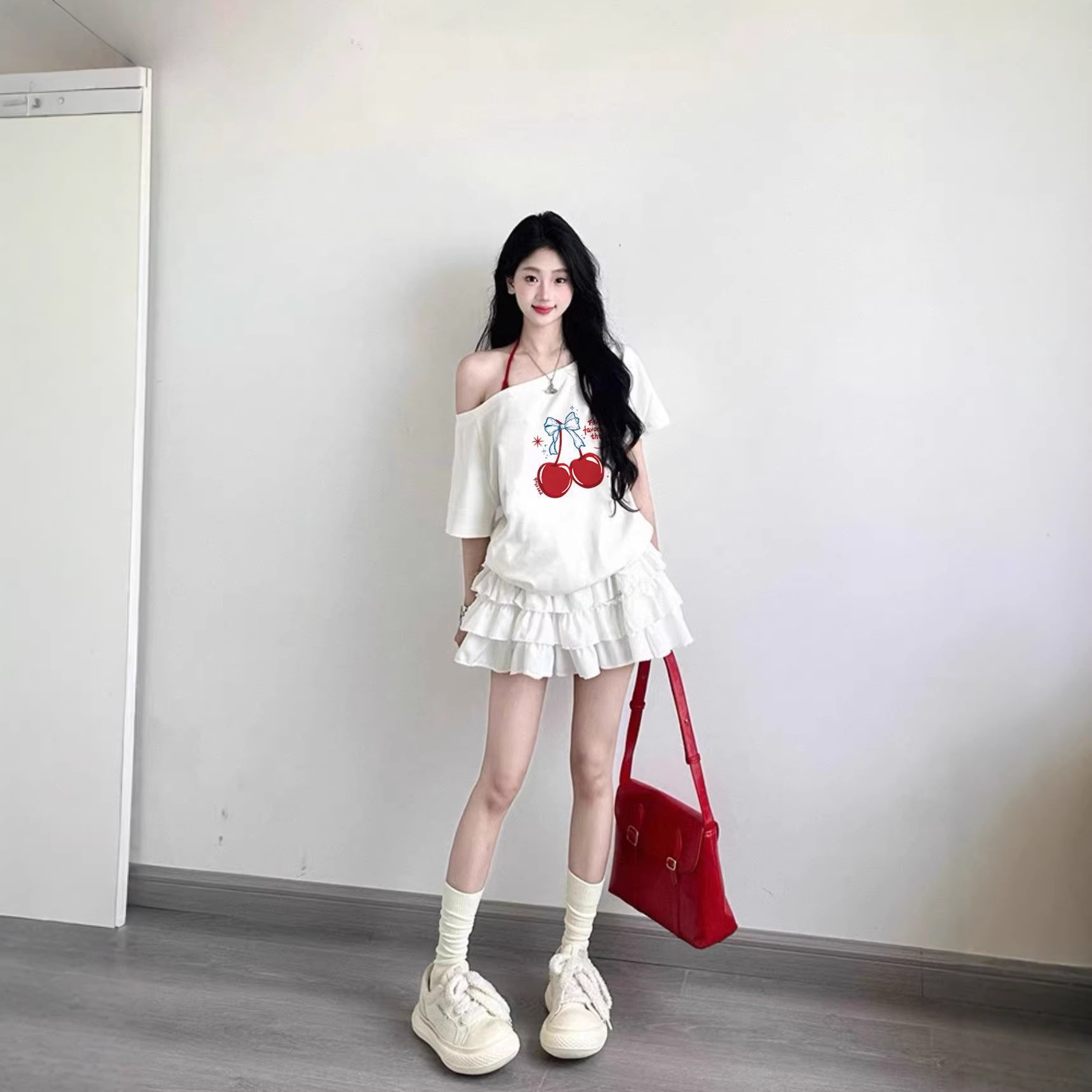 Cross-Border Foreign Trade American-Style Cherry Print Cotton Sweet and Spicy Off-Shoulder Short-Sleeve T-Shirt for Women, Summer Loose Fit Slimming Top