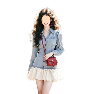 French Design Sense Stitching Denim dress Women's 2025 Spring New Waist Slimming Short Skirt Fashion Women's Clothing