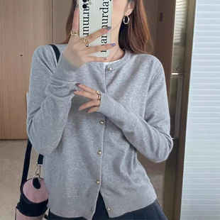 Grey Knitted Cardigan Women's Autumn 2024 New Style Outer Wear Sense Sweater Coat Early Autumn Thin Long Sleeve Top