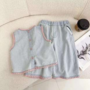 Summer foreign style suit girls Korean embroidery light blue Denim two-piece cropped wide leg pants sweet summer fashion