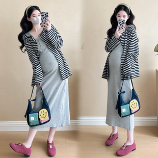 2024 maternity autumn new fashion western-style striped cardigan vest split dress suit