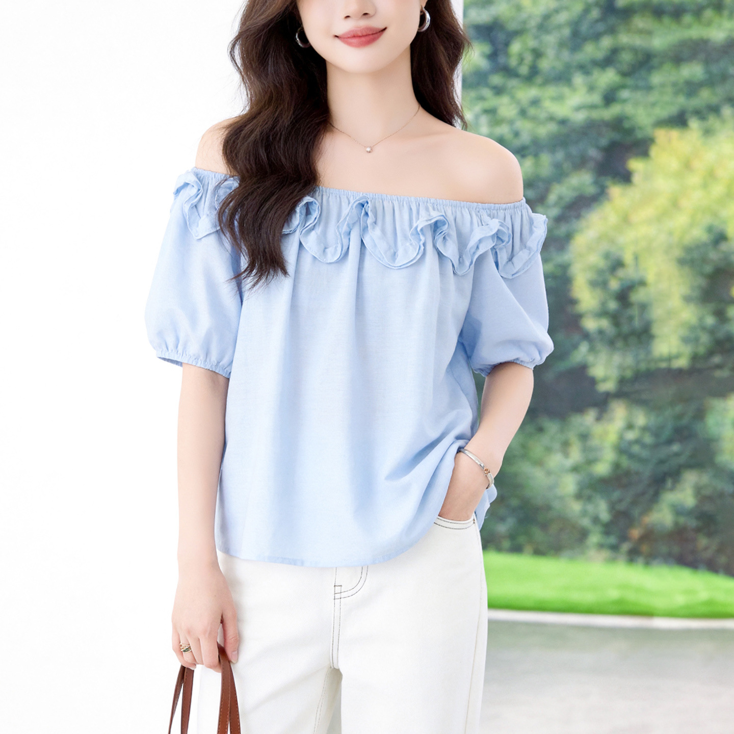 Light Blue Ruffled Off-Shoulder Shirt with Short Sleeves, Women's Summer Wear, Two-Way Wear, Puff Sleeves, Gentle Style, Versatile Cotton-Linen Top