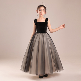Children's Dress Girls' High-end Piano Violin Western Fashion Show Dress Black Mesh Host Chorus Spring
