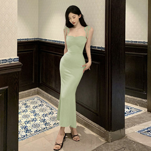 2956 cross-border foreign trade women's clothing wholesale Southeast Asia sexy pleated V-neck strap bow fishtail pendulum dress