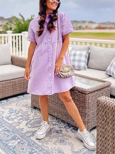 2023 Cross-border Foreign Trade Amazon Europe and America Washed Denim Lapel Loose Sweet Ruffled Dress New