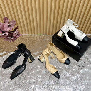 High Version 2024 Autum Cowhide Round Toe Color-Blocked Quilted Square Diamond Heel One-Word Buckle Strap Toe Thick Heel Sandals for Women
