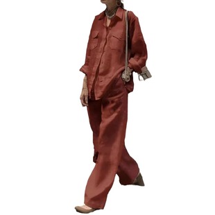 Amazon 2025 Autumn Cross-border New Foreign Trade Women's Long-sleeved Shirt Loose Pants Two-piece Suit