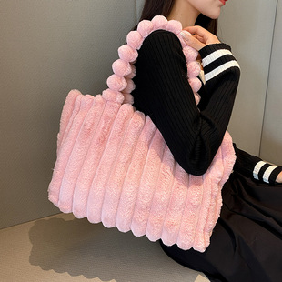 2024 Autumn and Winter New Large Capacity Cream Bag Women's Plush Bag Large Striped Fur Bag Women's Tote Bag Shoulder Bag
