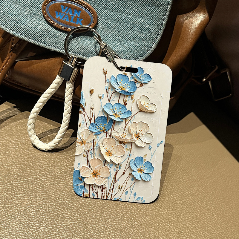 Ins-Style Floral Id Card Holder with Lanyard, Cute Student Campus Card Protector, Keychain, Embossed Oil Painting, Cross-Border