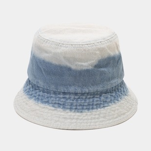European and American washed retro Denim fisherman hat autumn gradient distressed basin hat solid color Women's Big brim sun hat