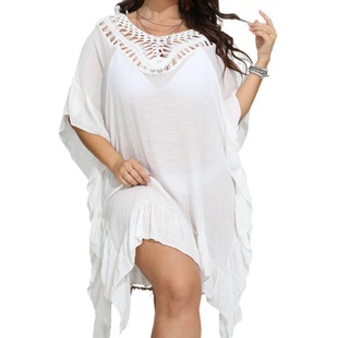 Cross-border European and American plus size women's hand hook stitching ruffled beach skirt bikini outside blouse women's dress