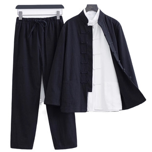 Cotton Linen Tang Suit Men's Chinese Long-sleeved suit Style Retro Buckle Men's Middle-aged and Elderly Loose Chinese Tai Chi Suit