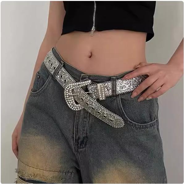 European and American Foreign Trade Sexy Belt Women's Fashion Trendy Eye Shiny Style Western Y2K Rhinestone Buckle Wide Belt Waist Chain