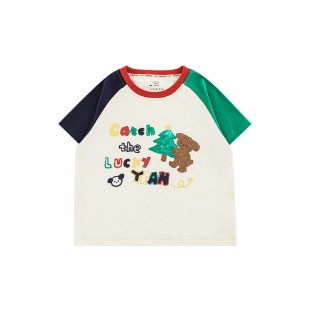 Wulibuyi Boys 2025 Summer New Cartoon Contrast Color Round Neck T-Shirt Loose Casual Cool Children's Top