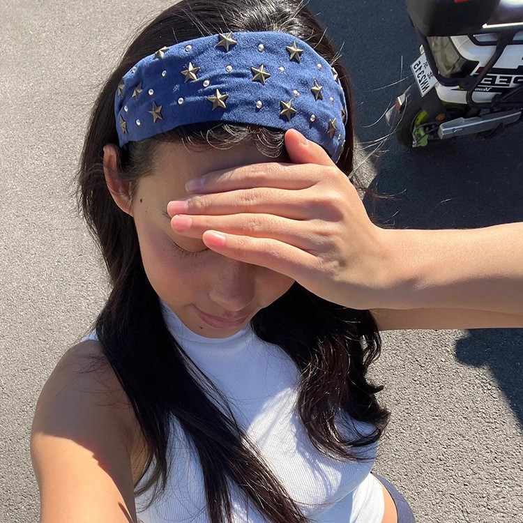 Y2K Star Rivet Blue Denim Headband for Women Autumn Face Wash Hairpin Non-Headband Niche Design Ins Hair Accessories