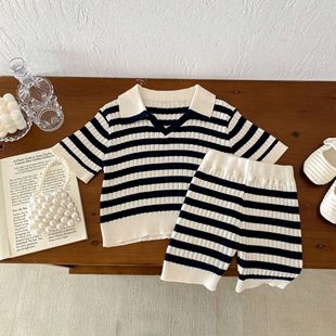 Дизайн чувство ниши polo воротник полосатый трикотаж с коротким рукавом футболка брюки для мужчин и женщин летний шикарный набор