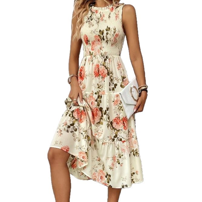 2025 Summer Floral Print Sleeveless Round Neck Ruched Dress High Waist Slimming Design European and American Style Printed Dress