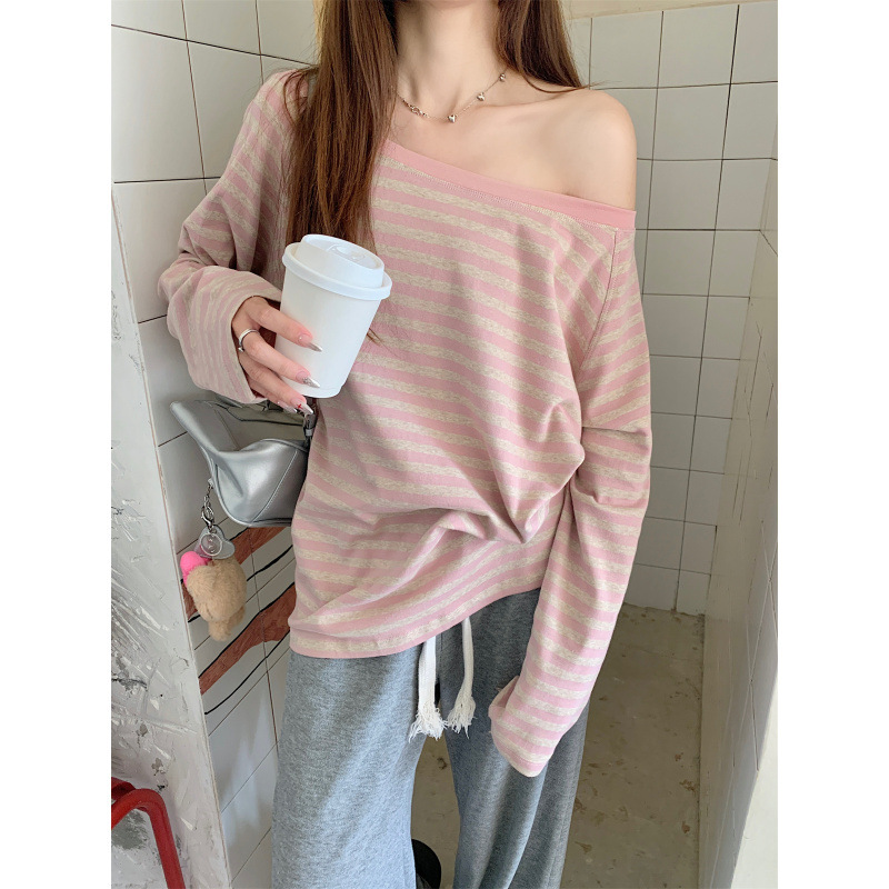 실제 사진과 가격 봄 한국 스타일 루즈 스트라이프 래글런 원라인 칼라 퓨어 코튼 이너 긴팔 티셔츠 탑 여성용