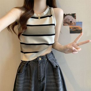 Slim-Fit Striped Camisole Women's Knitted Short Inner Wearing Outer Wearing Base Contrast Color 2025 New Spring and Summer Trendy Top