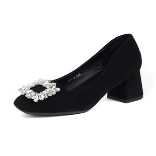 Square Head Single Shoes Women's 2025 Spring New Suede Rhinestone Square Buckle Professional Work Shoes Women's Black Summer