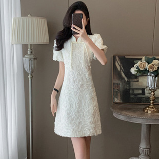 2025 New Summer New Chinese Style Light Luxury Short-sleeved dress Women's Wendy Elegant White Skirt with Tight Waist